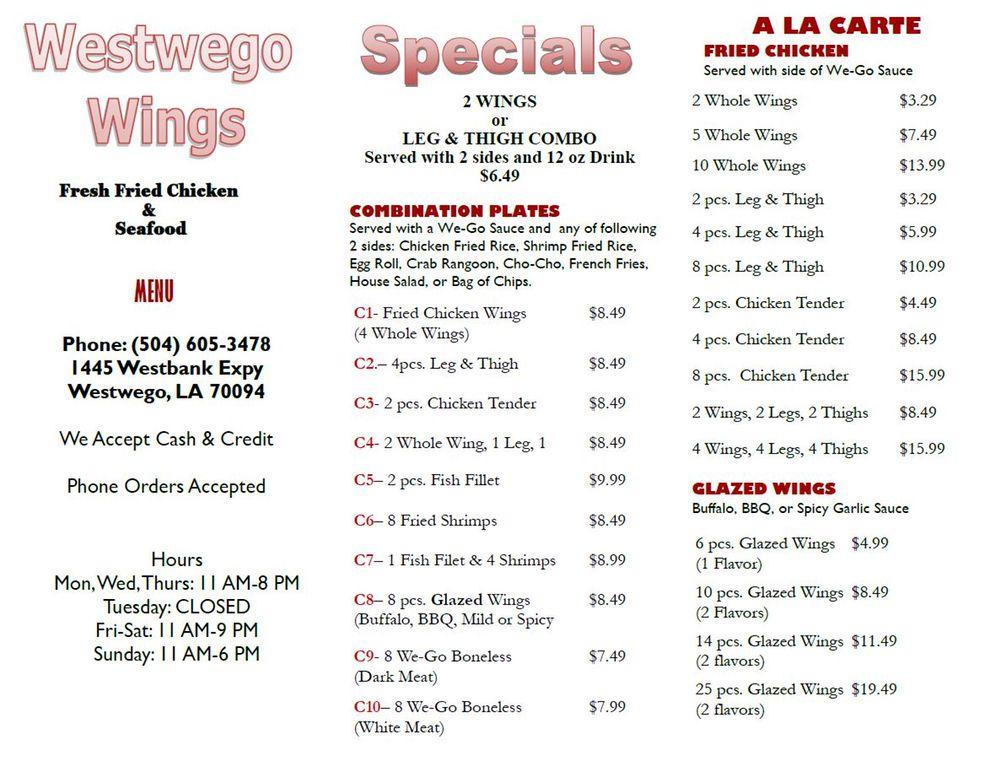 Menu at Westwego Wings restaurant, Westwego