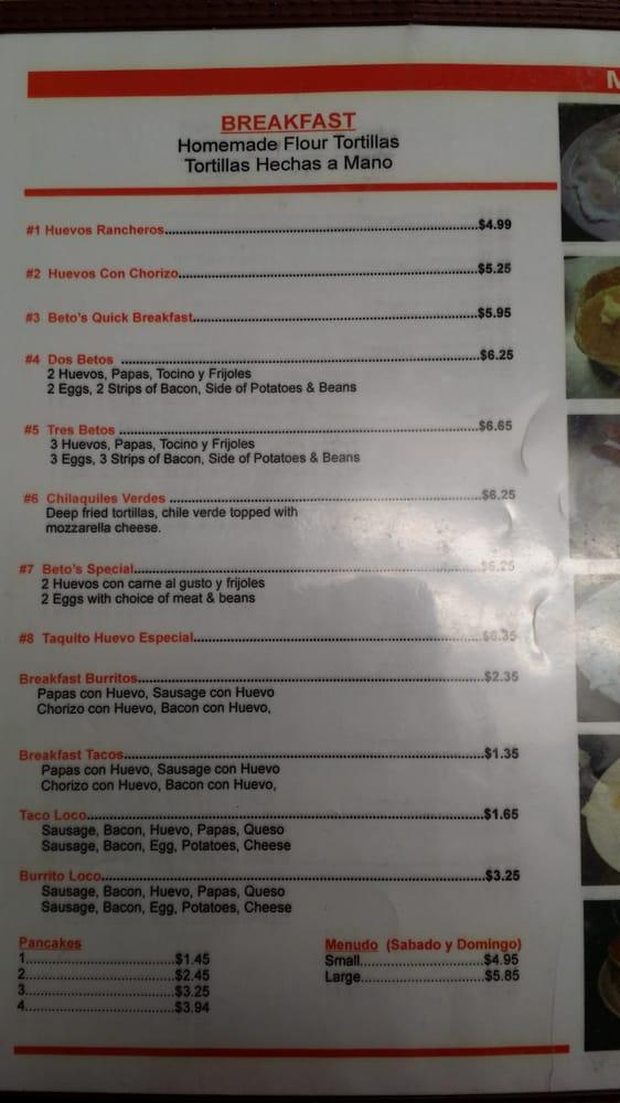 Menu at Tres Betos Taqueria restaurant, Fort Worth