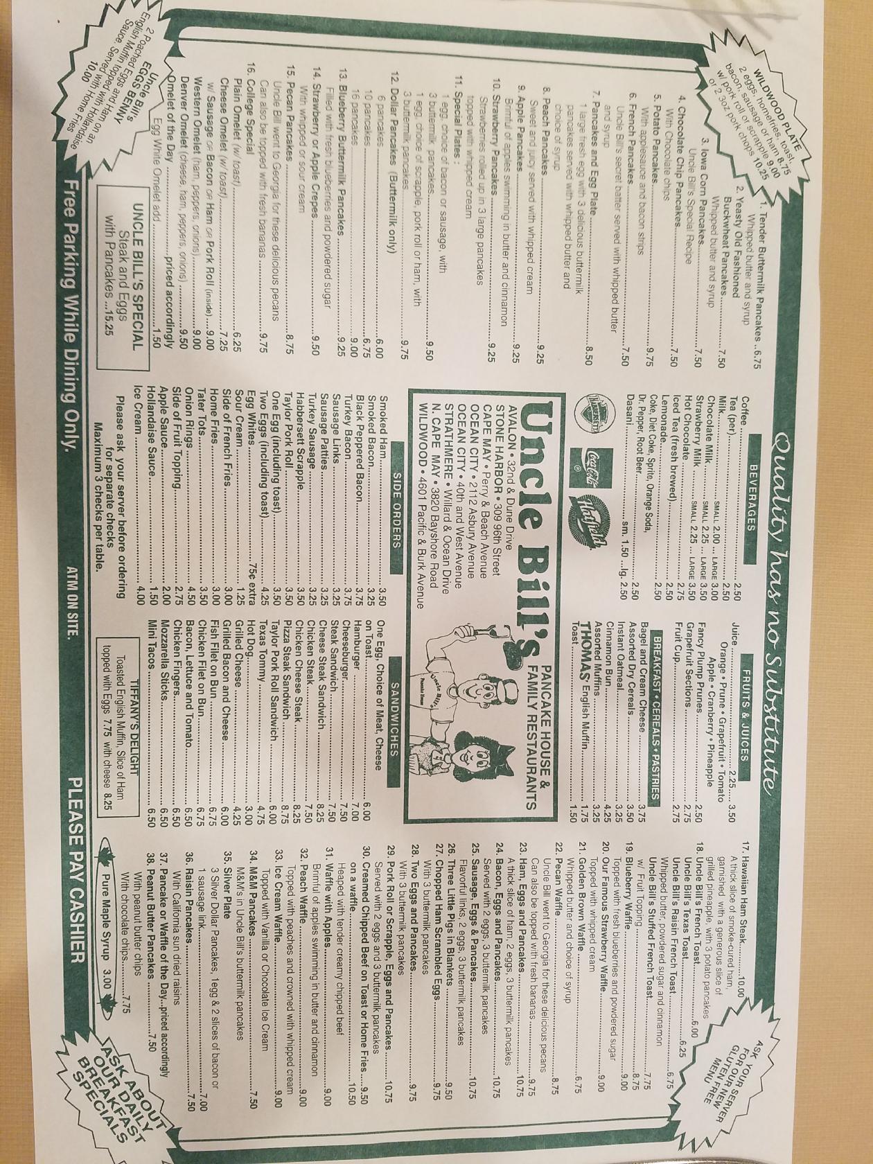 Menu at Uncle Bill's Pancake House restaurant, Wildwood
