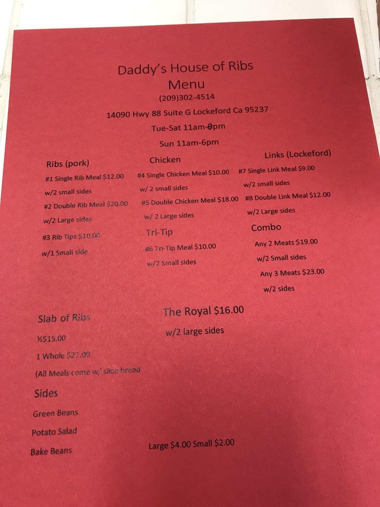 Menu at Daddy's House of Ribs BBQ, Lockeford