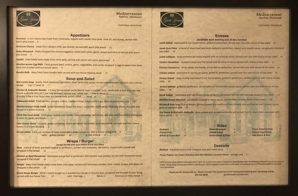 Menu at The Guest House Restaurant, Natchez