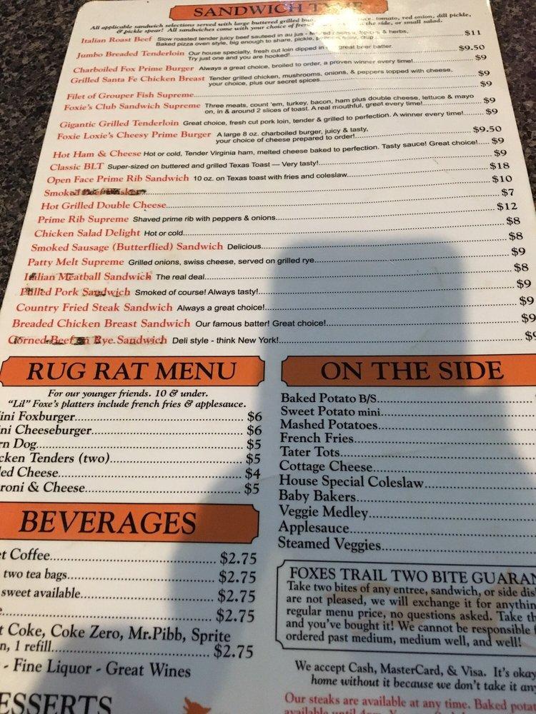 Menu at THE FOXES TRAILS pub & bar, Kokomo