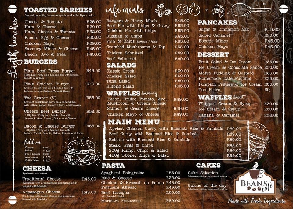 Menu At Three Beans Cafe Bela Bela