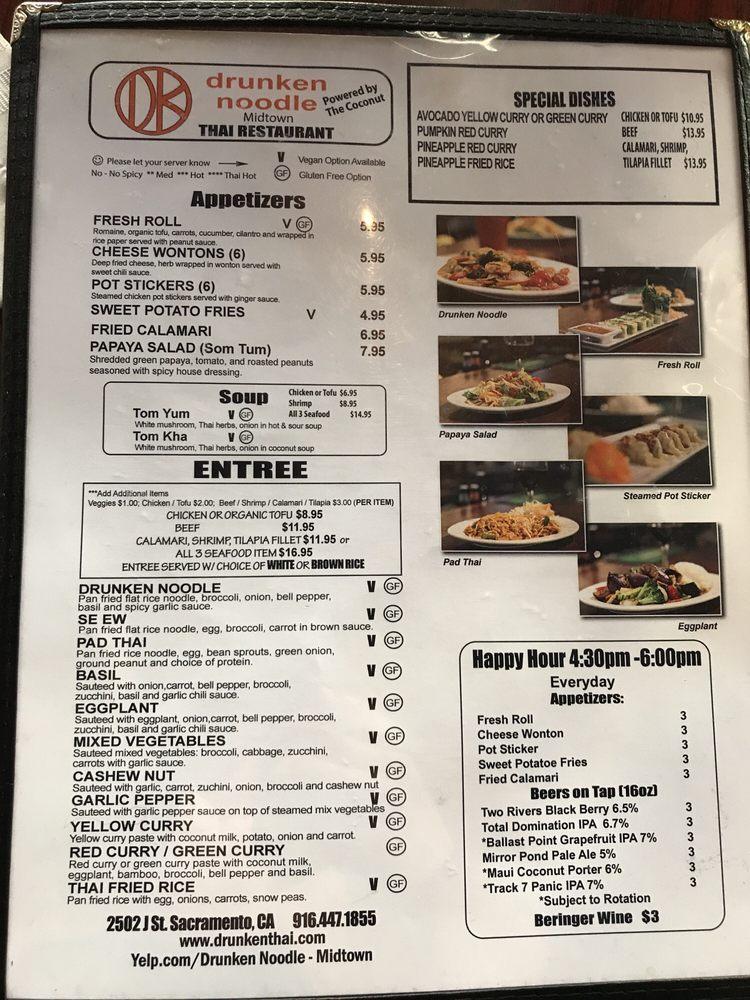 Menu at Drunken Noodle Midtown restaurant, Sacramento