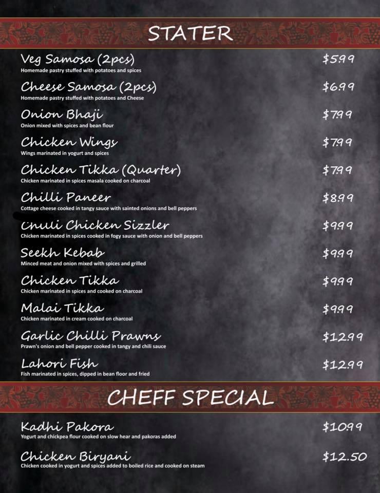 Menu at Flaming Karachi restaurant, East Cannington