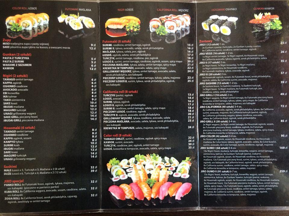 Menu at Jiro Sushi restaurant, Olsztyn