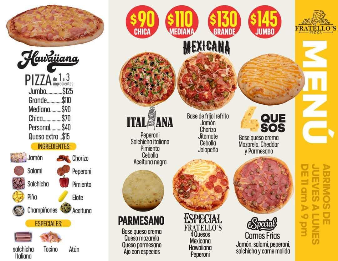 Fratello's pizza company menu