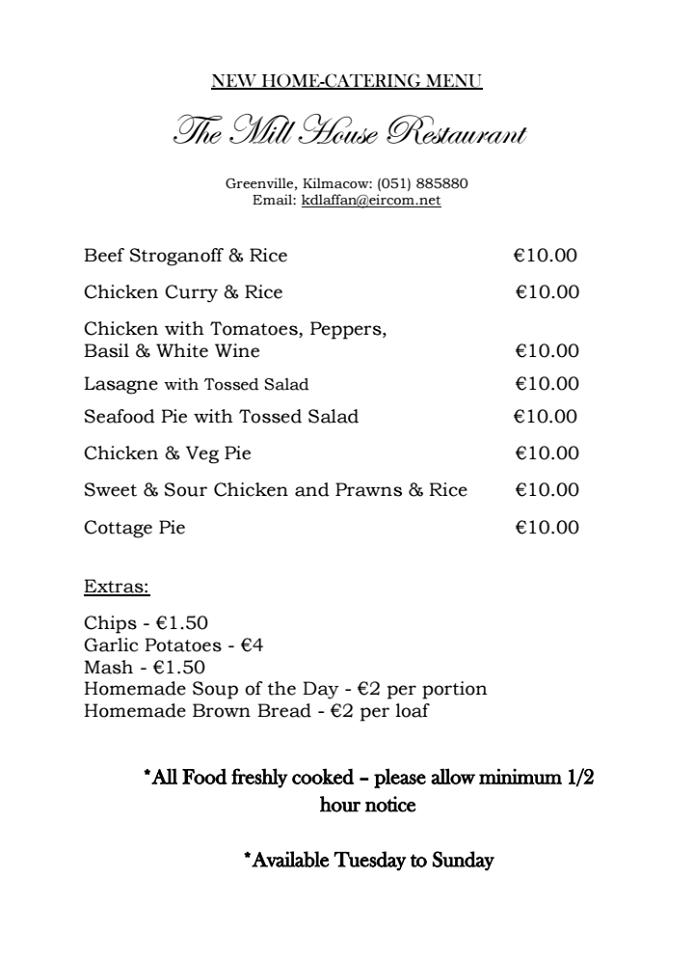 Menu at Mill House restaurant, Ireland, Greenvill