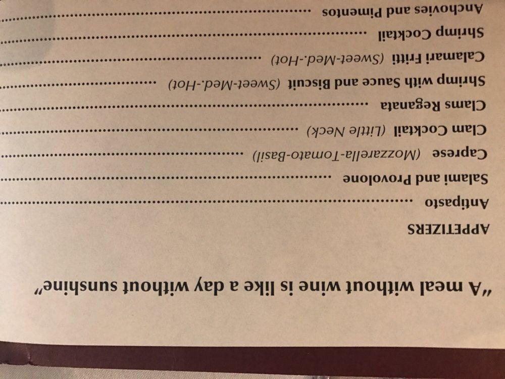 Menu at Angelo's restaurant, Lyndhurst