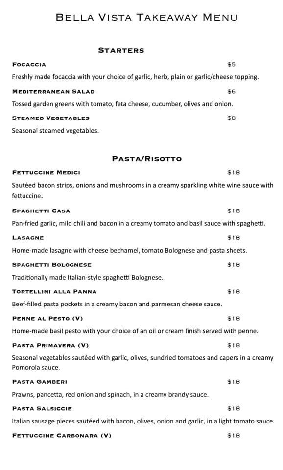 Menu at Bella Vista Restaurant, Belconnen