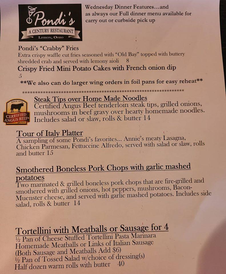 Menu at Pondi's Restaurant & Bar, Lisbon, OH45
