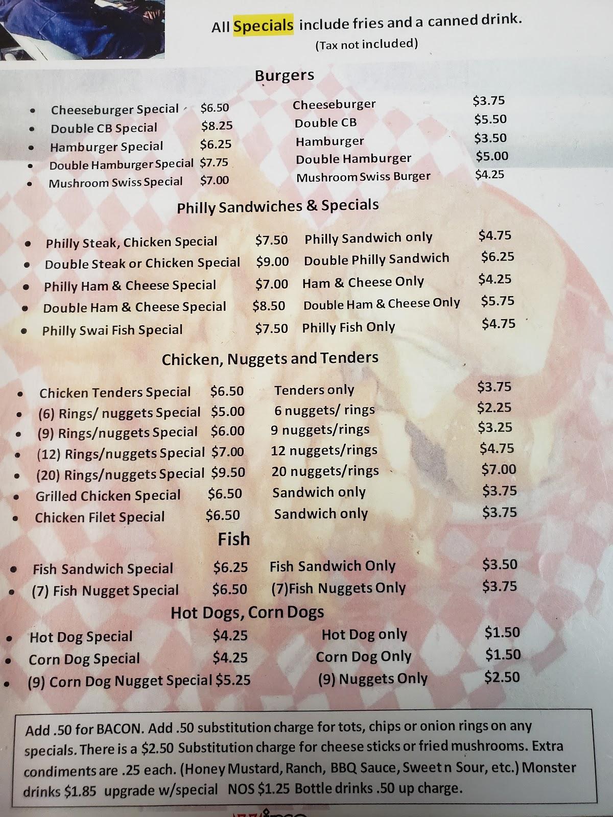 Menu at Yanks restaurant, Hemingway