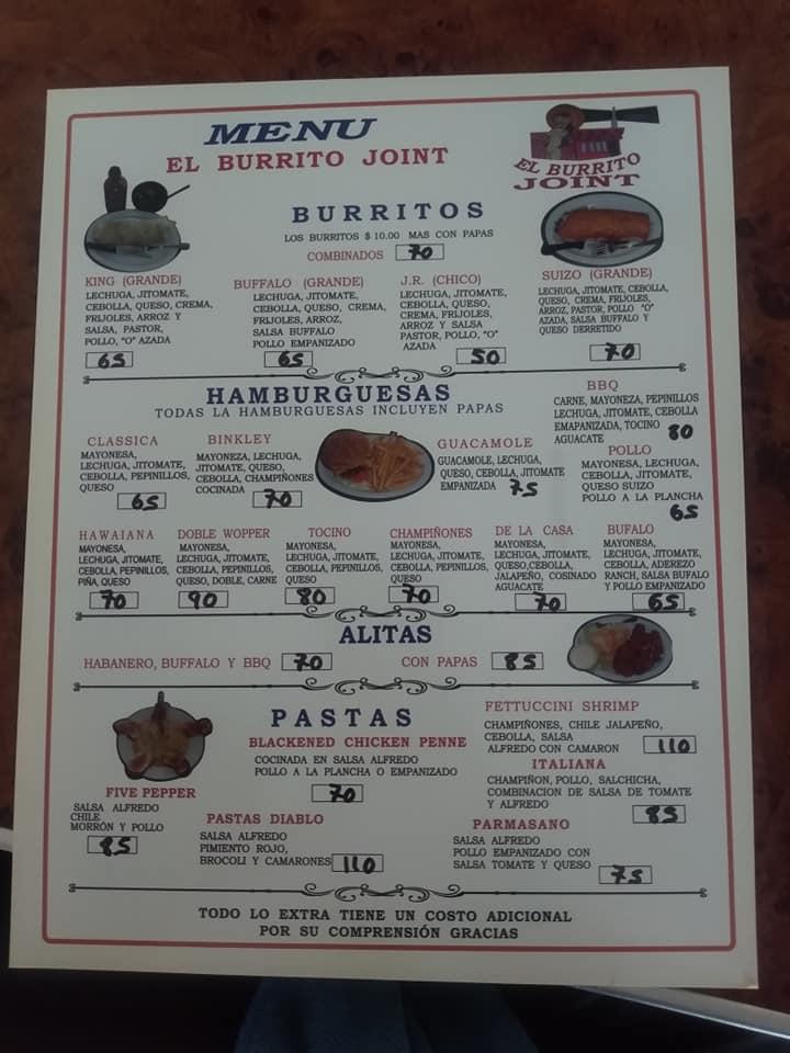 Menu at Burrito Joint pizzeria, San José Iturbide