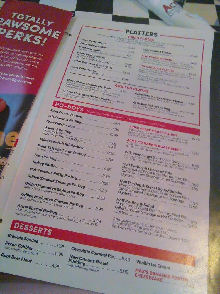 Menu at Acme Oyster House restaurant, Metairie, Veterans Blvd