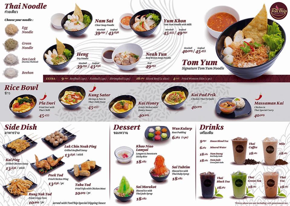 Menu at TonThip Tom Yum Noodle restaurant, Jakarta
