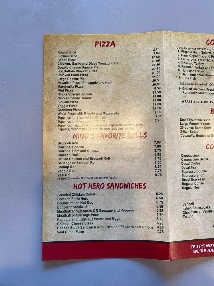 Menu at Nino's pizzeria, Harrison