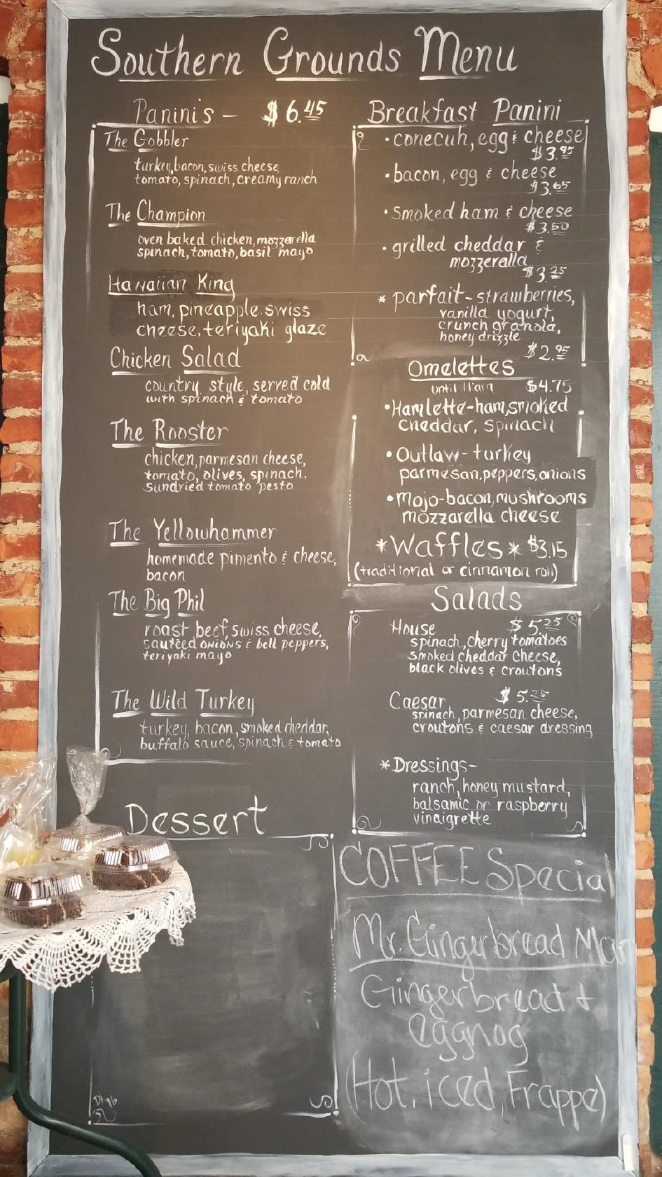 Menu at Southern Grounds Coffee Shoppe cafe, Thomasville, 133 W Front St