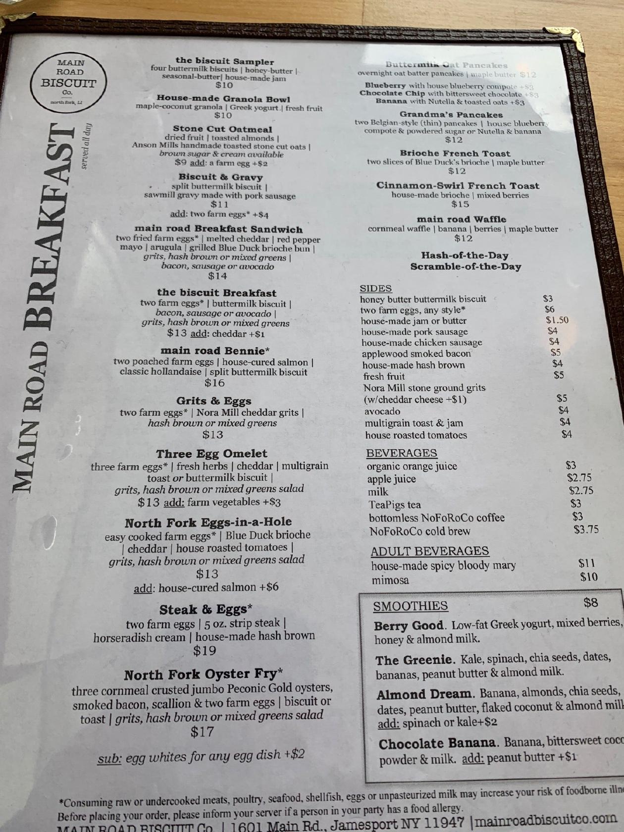 Menu at Main Road Biscuit Co. restaurant, Jamesport