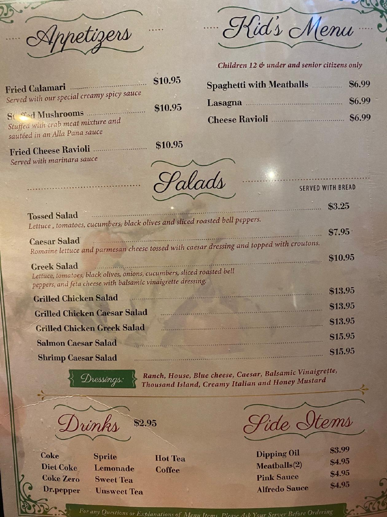 Menu at Pastafina desserts, Cave Springs, E Lowell Ave