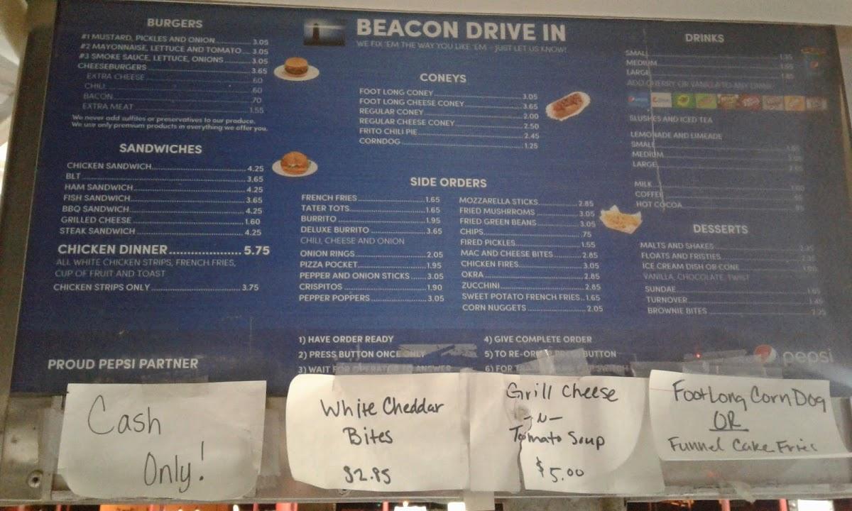Menu at Beacon Drive Inn restaurant, Muskogee