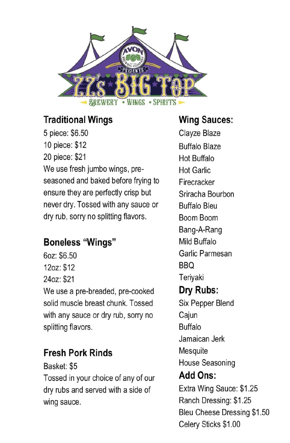 Menu at ZZs Big Top pub & bar, Avon