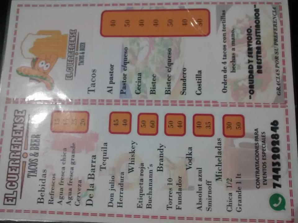 Menu at Restauran El Guerrerense" tacos y beer