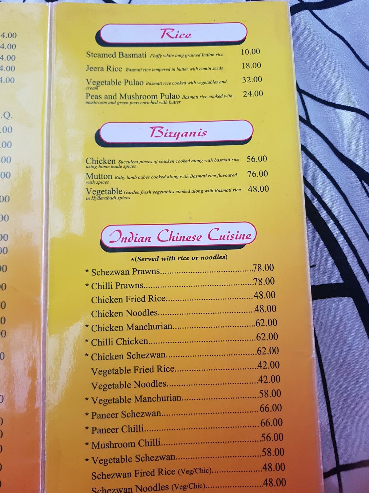 Menu at Bombay Blu restaurant, Durban