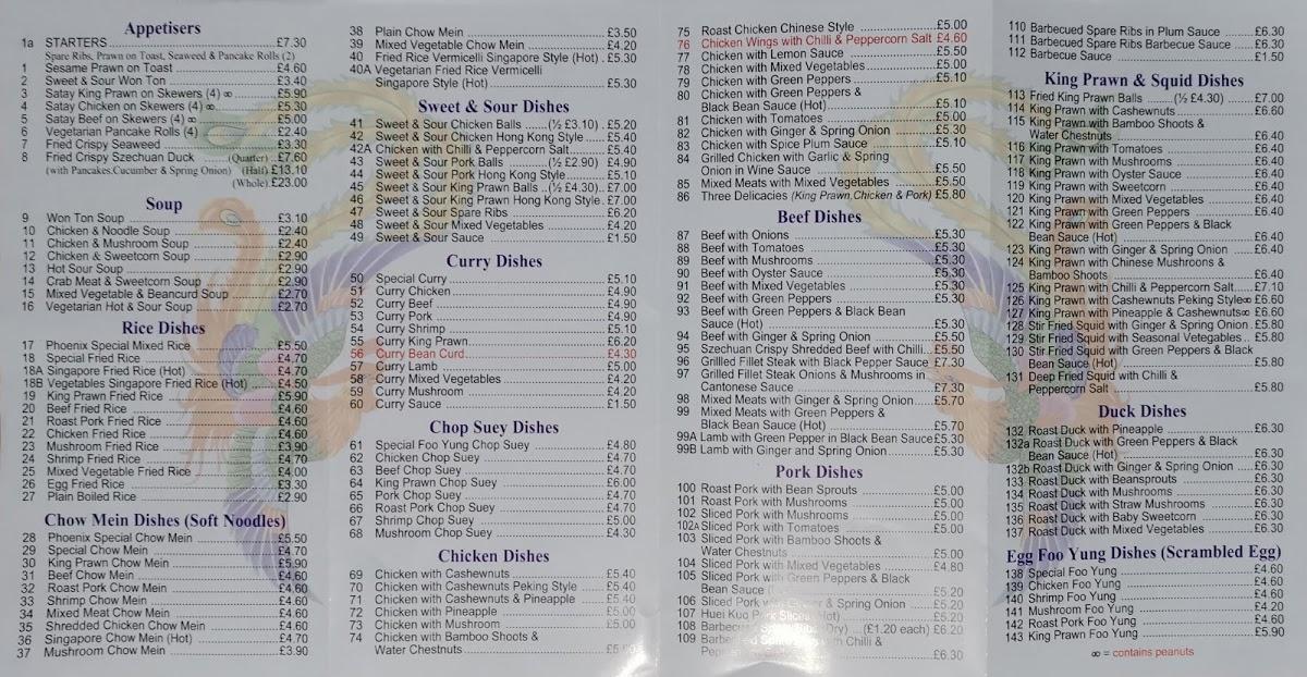 Menu at Phoenix Chinese takeaway fast food, London, 5 Lever St