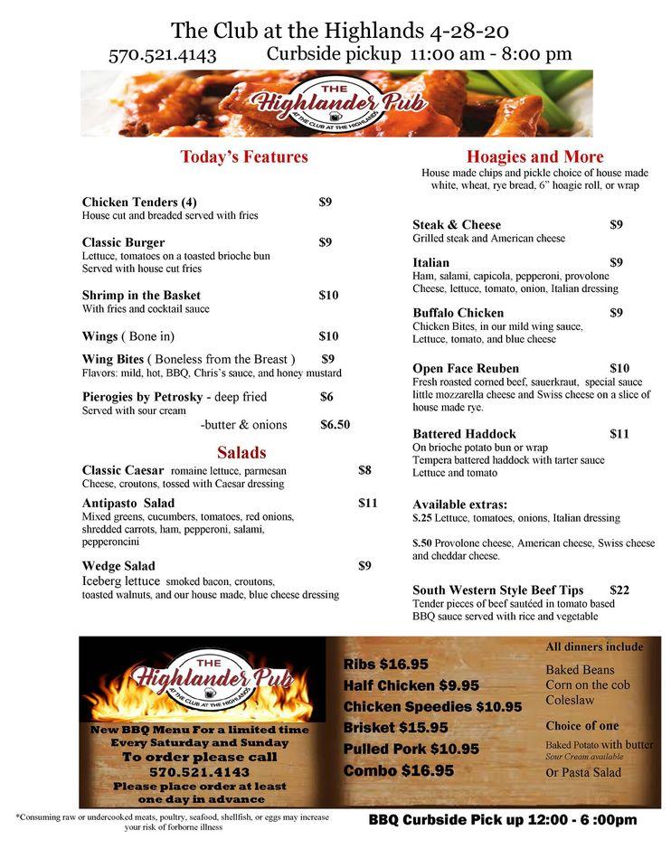 Menu at The Club at the Highlands, Archbald