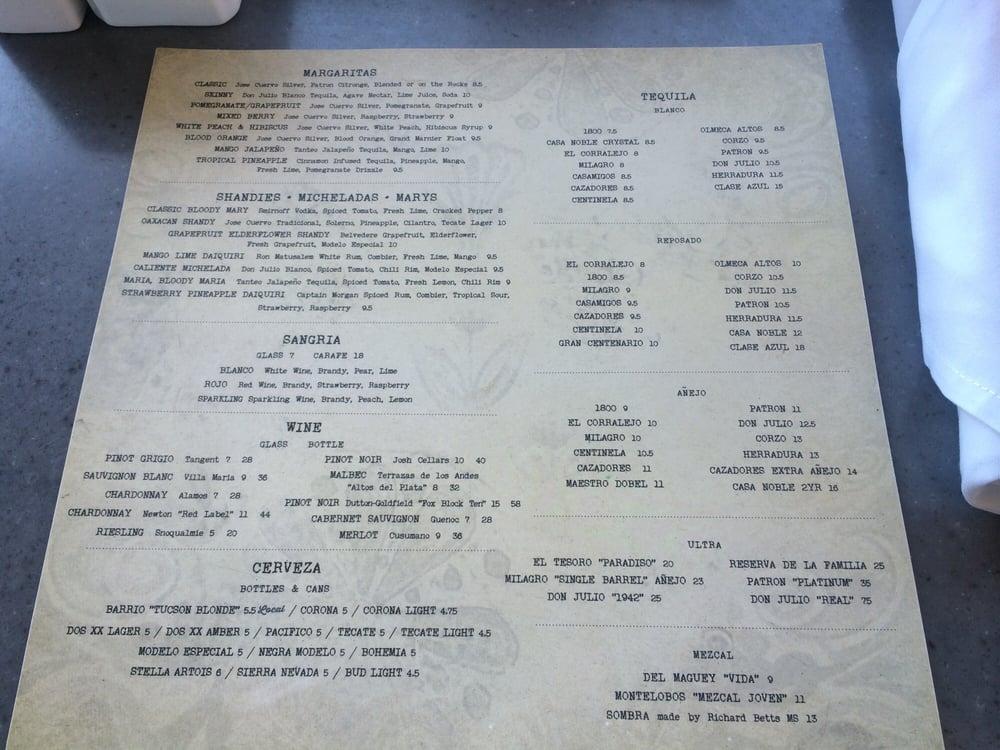 Menu at Blanco Cocina + Cantina pub & bar, Tucson