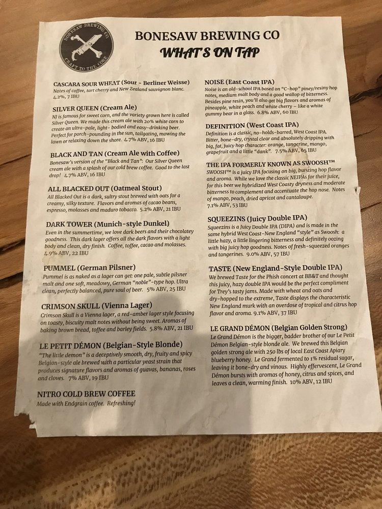 Menu at Bonesaw Brewing restaurant, Glassboro