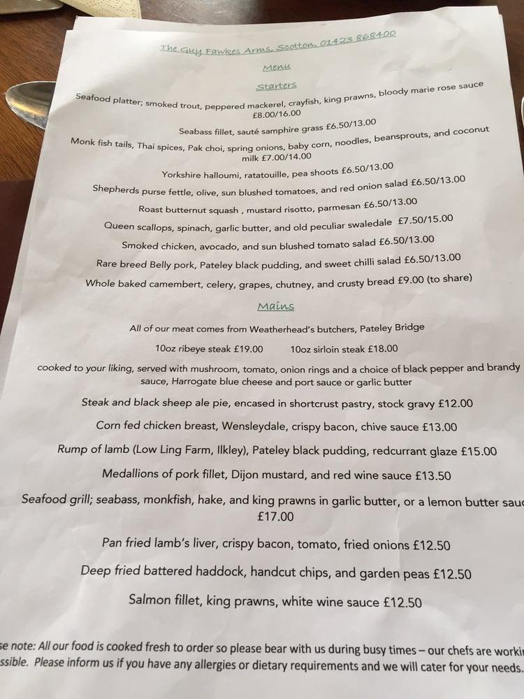 Menu at The Guy Fawkes Arms pub & bar, Knaresborough