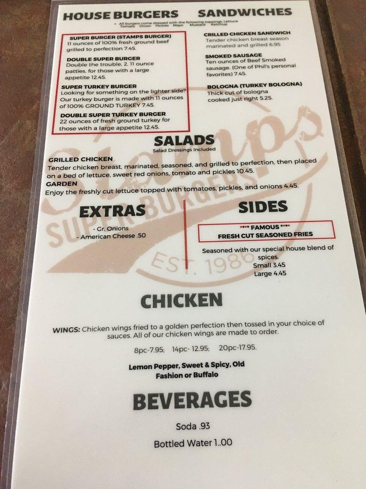 Menu at Stamps Super Burgers restaurant, Jackson, Dalton St