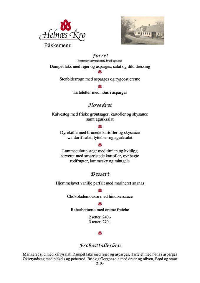 Menu at Helnæs Kro restaurant, Ebberup