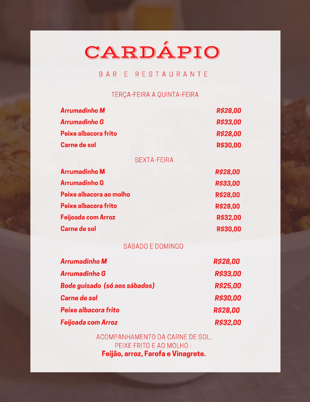 Menu em Bar do Arrumadinho, Toritama