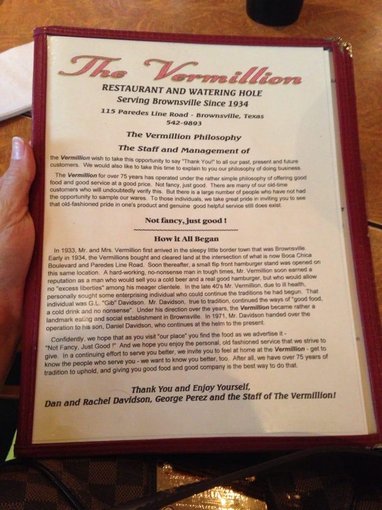 Menu at Vermillion Restaurant and Watering Hole, Brownsville