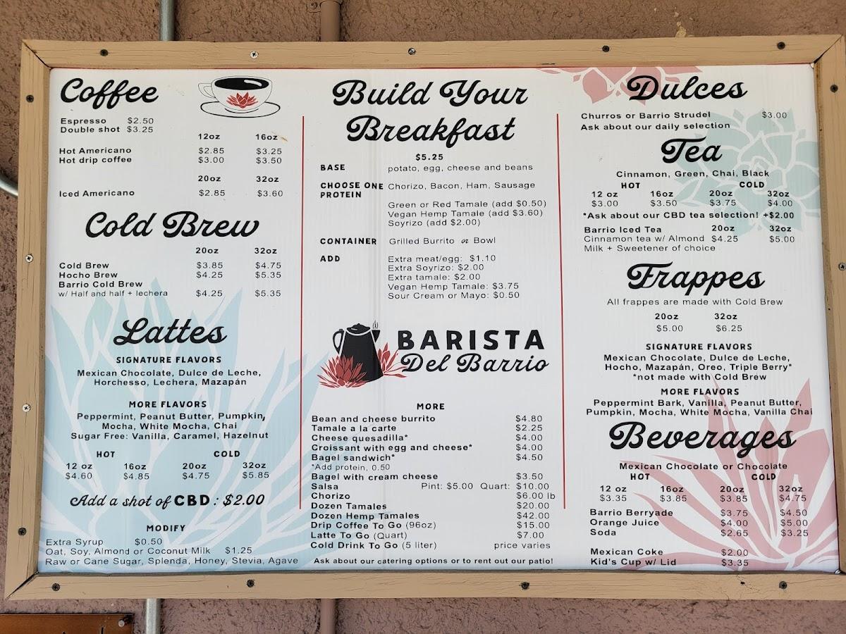 Menu at Barista del Barrio, Tucson