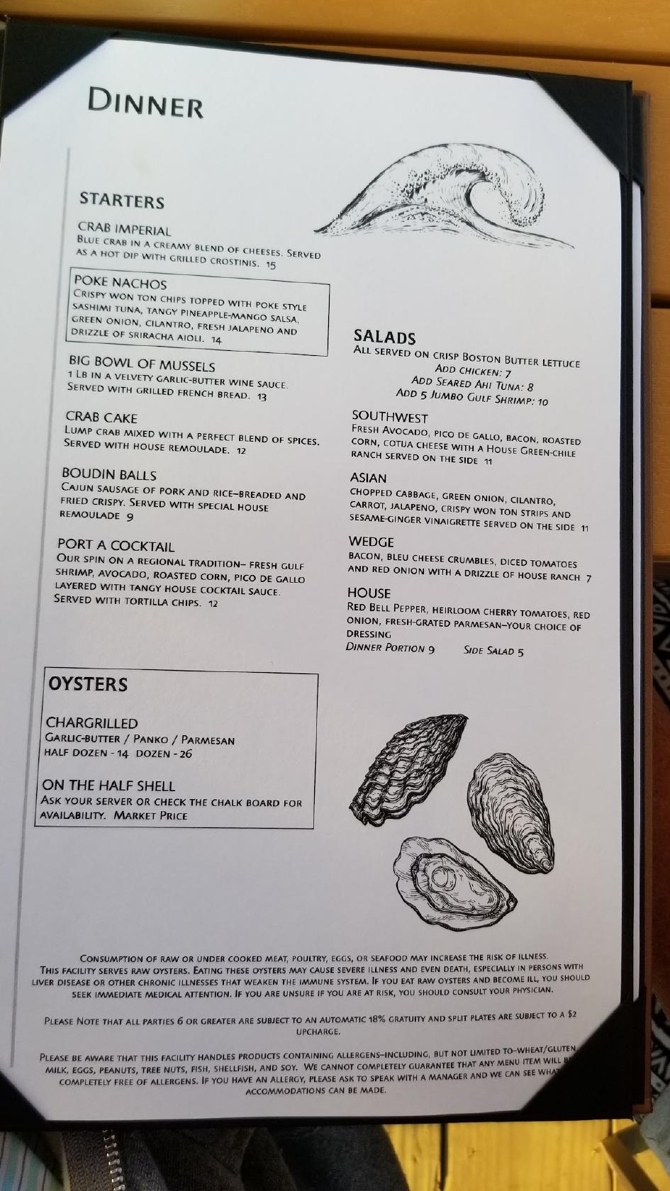 Menu at Tortuga's Saltwater Grill steakhouse, Port Aransas