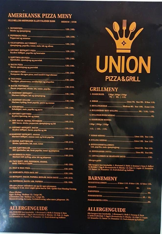 Menu at Union Pizza and Grill restaurant, Solbergelva