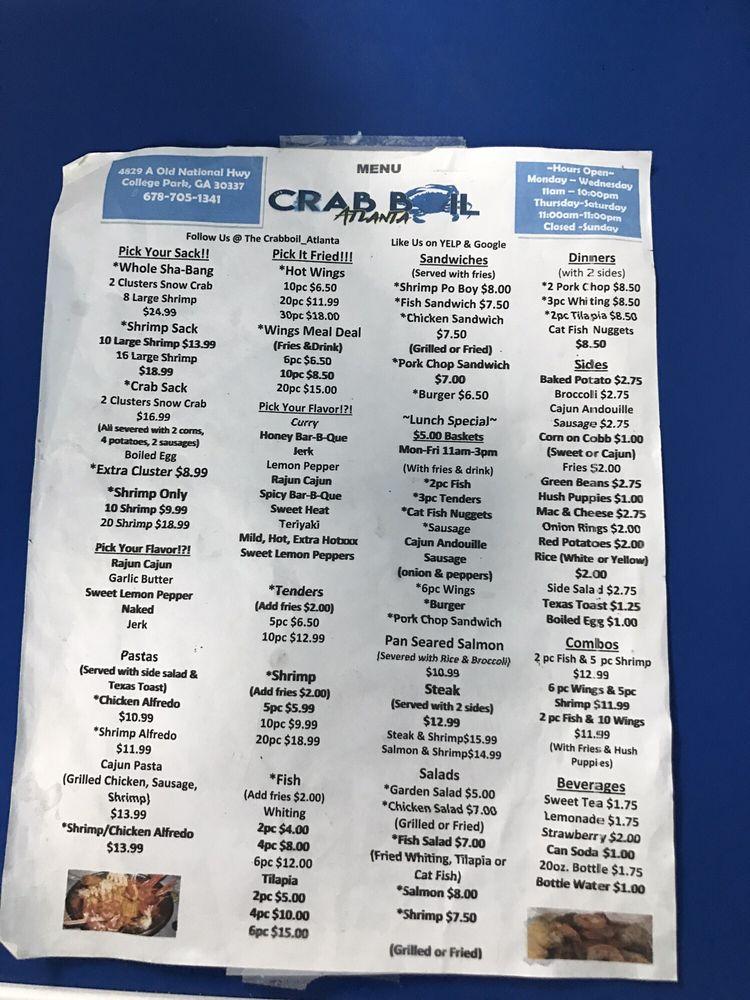 Menu at The Crab Boil Atlanta BAR, Atlanta, Old National Hwy