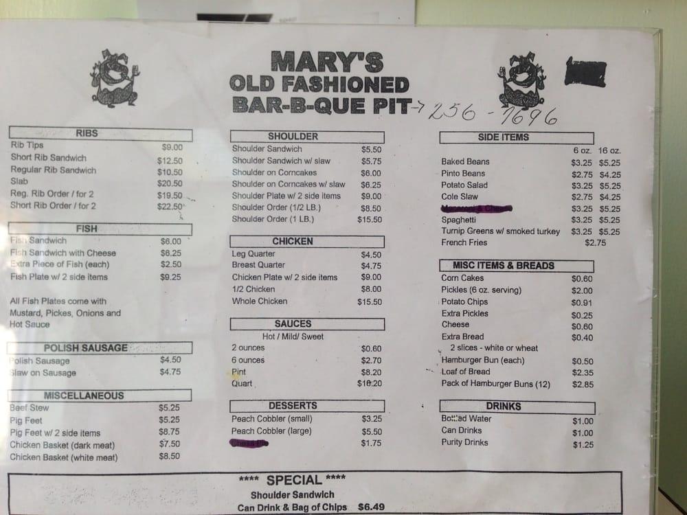 Menu at Mary's Old Fashioned Pit BarBQue, Nashville