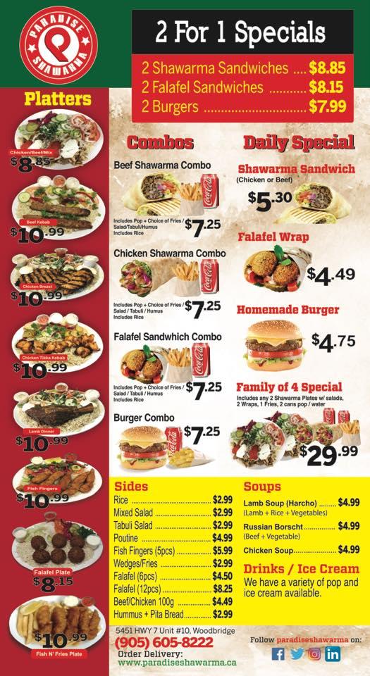 Menu at Paradise Shawarma fast food, Vaughan, Hwy 7 Unit10