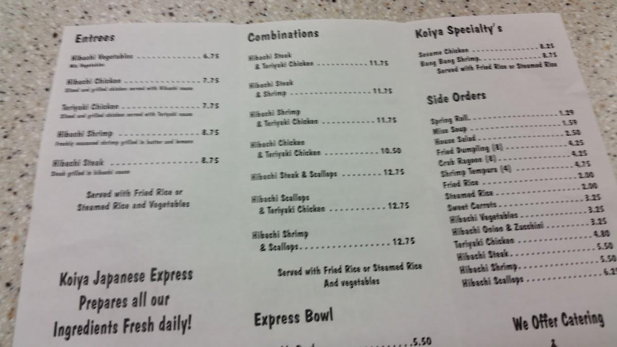 Menu at Koiya Japanese Express restaurant, Swainsboro, 528 S Main St