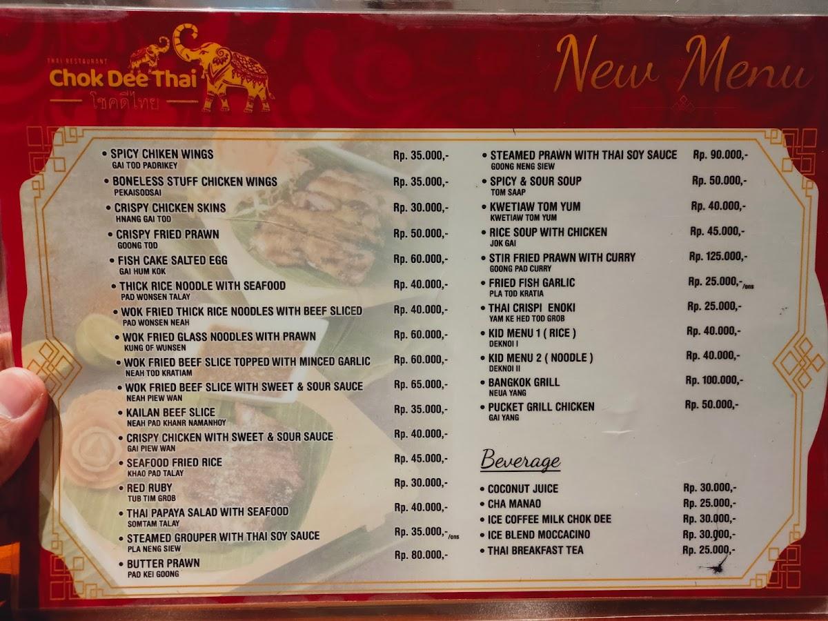 Menu at Chok Dee Thai restaurant, Medan