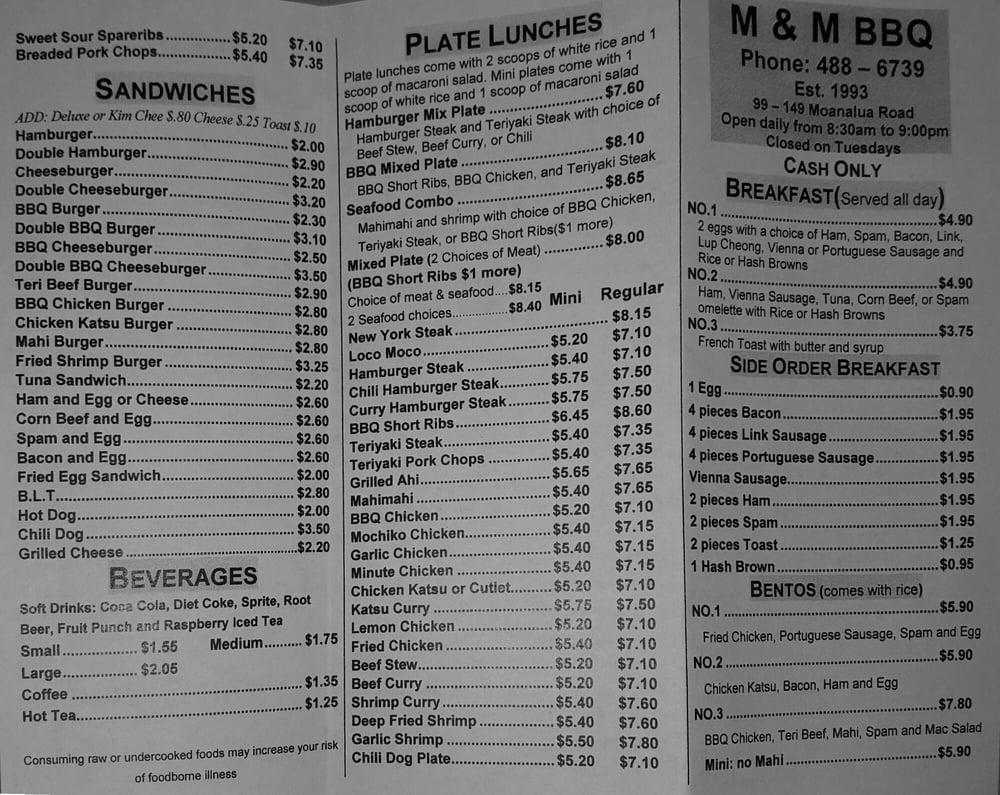 Menu at M & M BBQ, Aiea