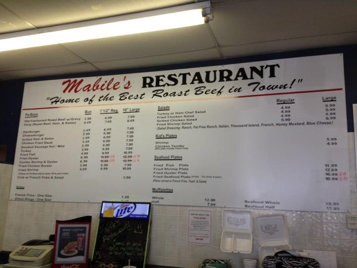 Menu at Mabile's Restaurant, LaPlace