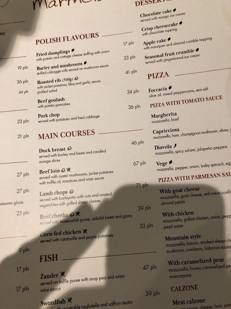 Menu at Marmolada restaurant, Kraków
