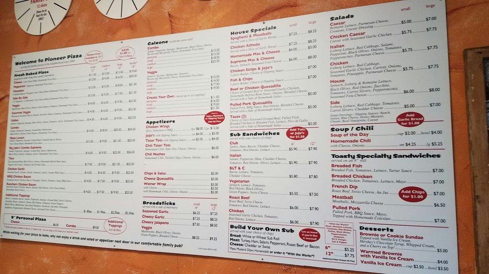 Menu at Pioneer Pizza pizzeria, Oregon City