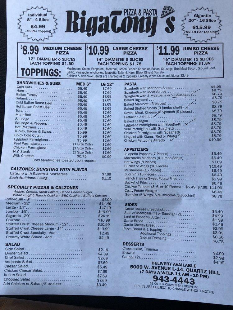 Menu at RigaTony’s Pizza & Pasta pizzeria, Lancaster