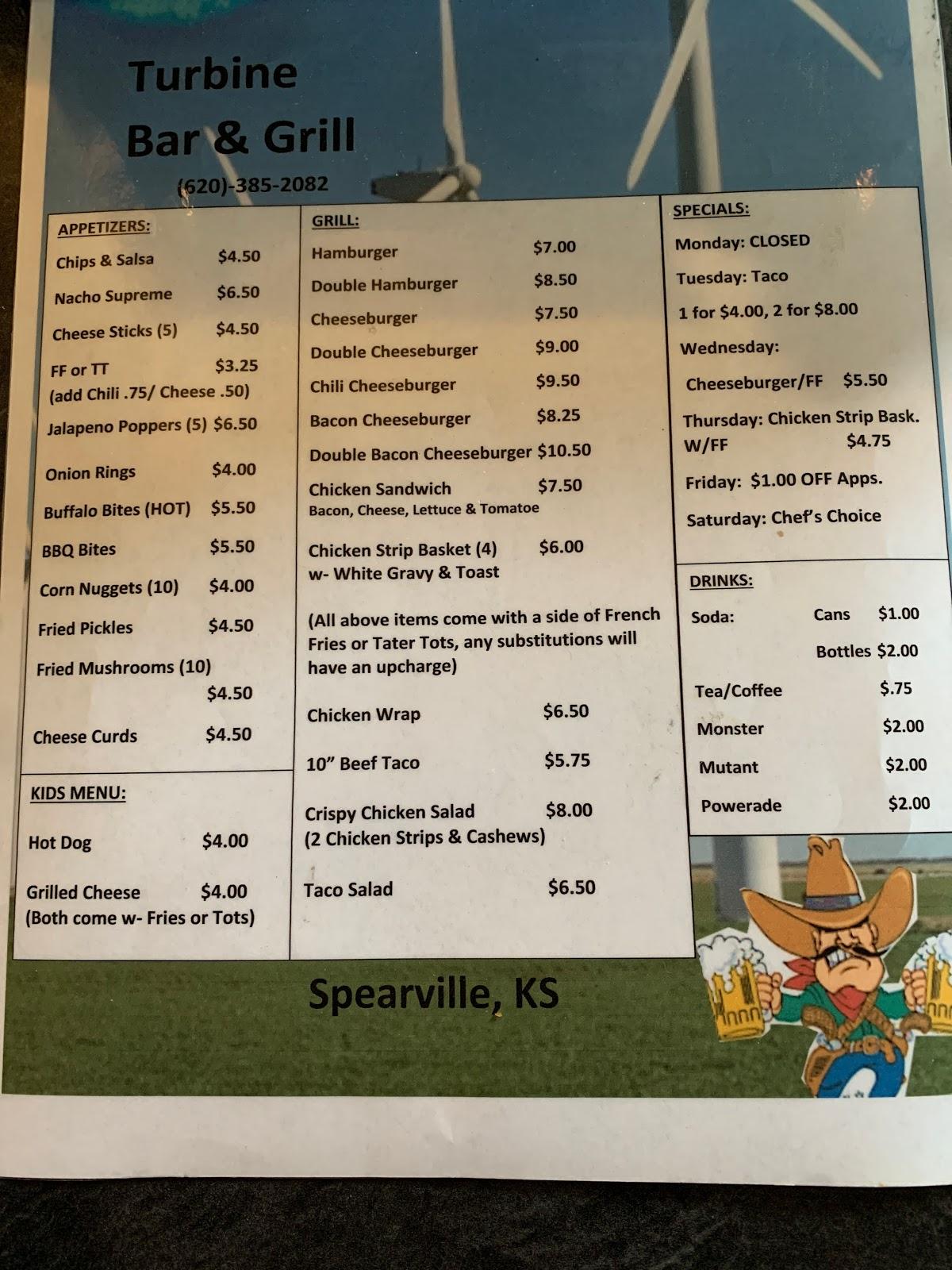 Menu at Turbine Bar & Grill, Spearville